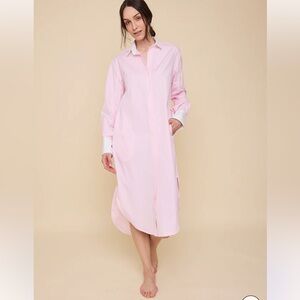 The Sleep Shirt Long Belted Shirt Dress Pink Stripe Shirting Collar Pocket Small